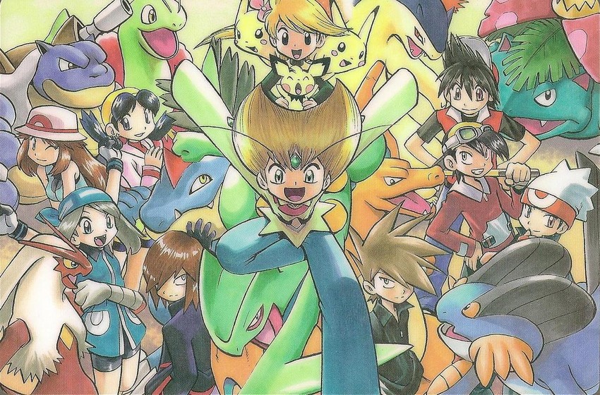 pikachu, may, red, ethan, blue oak, and 19 more (pokemon and 1 more) drawn by yamamoto_satoshi