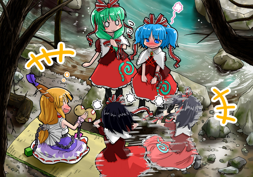 shameimaru aya, kawashiro nitori, ibuki suika, and kagiyama hina (touhou) drawn by morioka_itari