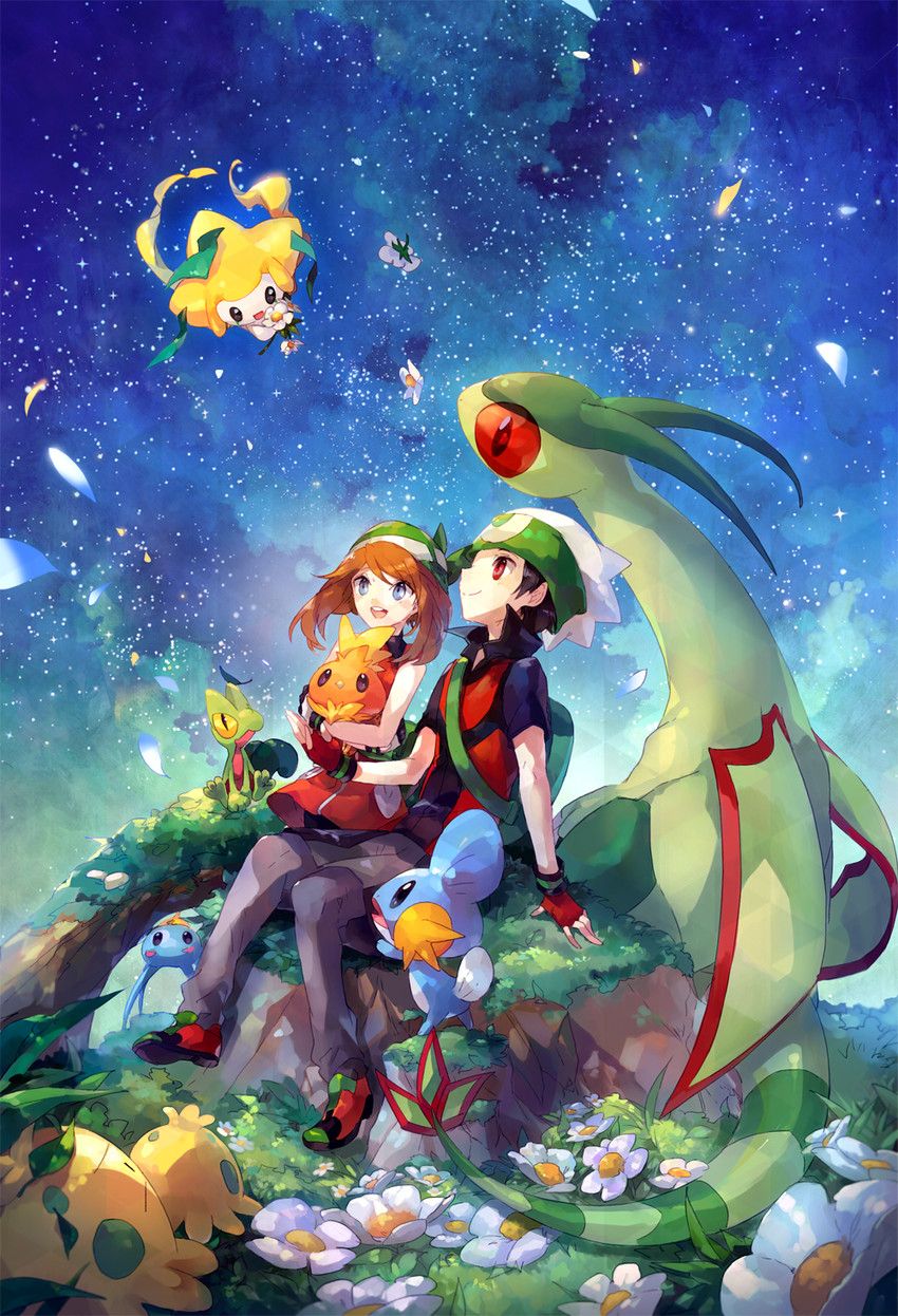 may, brendan, jirachi, torchic, mudkip, and 4 more (pokemon and 2 more) drawn by welchino