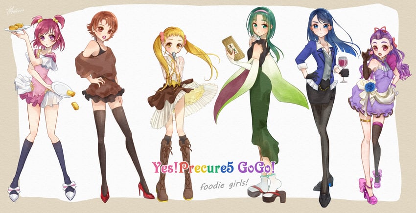 yumehara nozomi, minazuki karen, kasugano urara, akimoto komachi, natsuki rin, and 1 more (precure and 2 more) drawn by wakuno_lemon