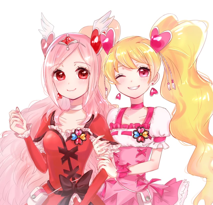 higashi setsuna, momozono love, cure peach, and cure passion (precure and 1 more) drawn by namo_(namo_suuun)