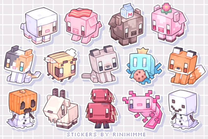 axolotl, pig, sheep, wolf, bee, and 8 more (minecraft and 1 more) drawn by rinihimme
