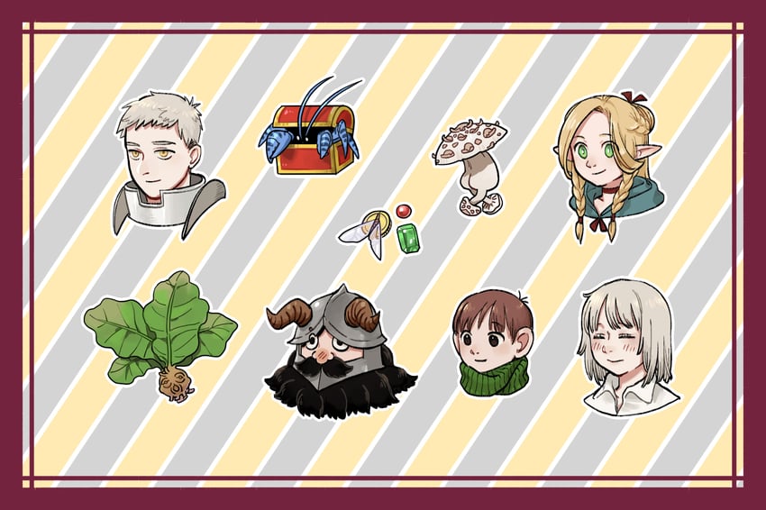 marcille donato, falin touden, laios touden, senshi, chilchuck tims, and 1 more (dungeon meshi) drawn by m15001396003