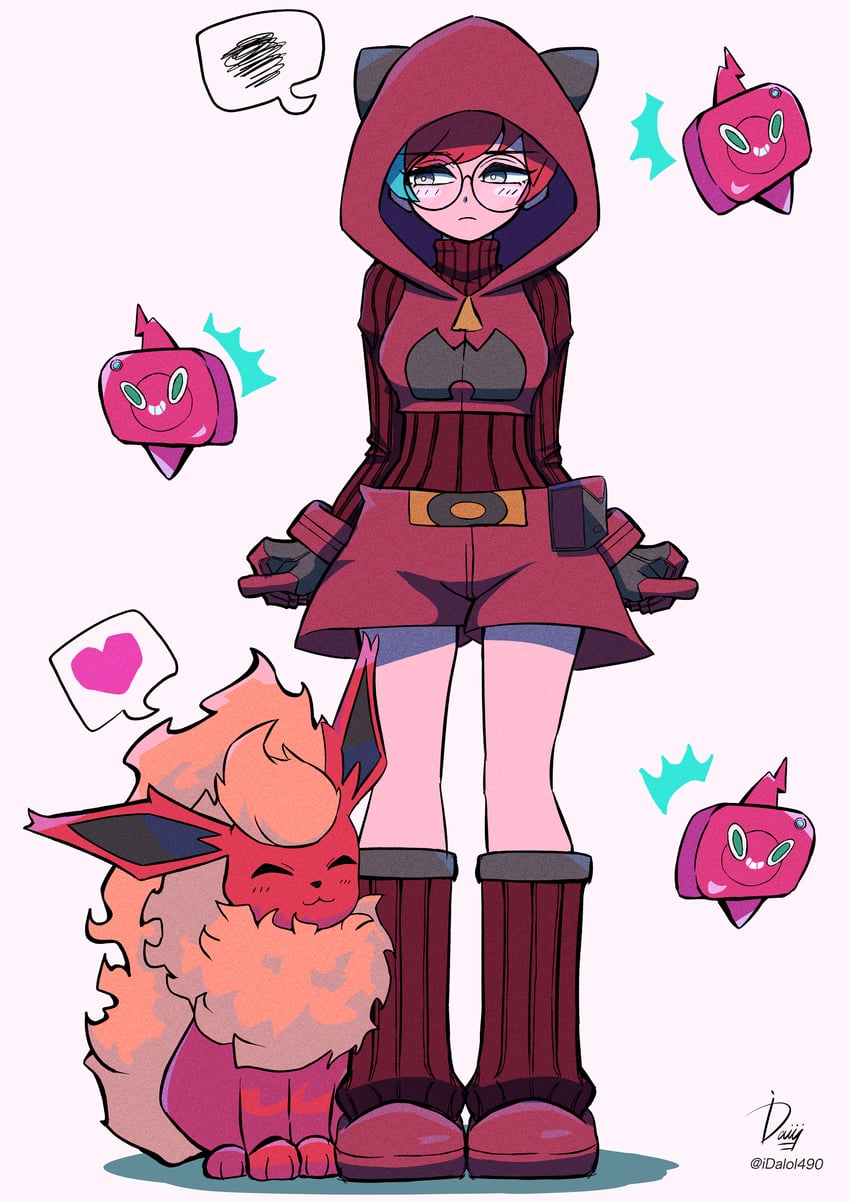 rotom, rotom phone, flareon, penny, and team magma grunt (pokemon and 2 more) drawn by ida_(idalol490)