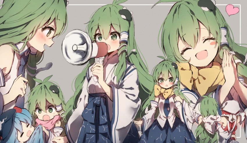 hakurei reimu, kochiya sanae, and kawashiro nitori (touhou) drawn by piyokichi