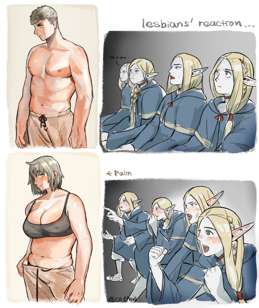 marcille donato, falin touden, laios touden, shapeshifter, and shapeshifter marcille (dungeon meshi) drawn by co1fee