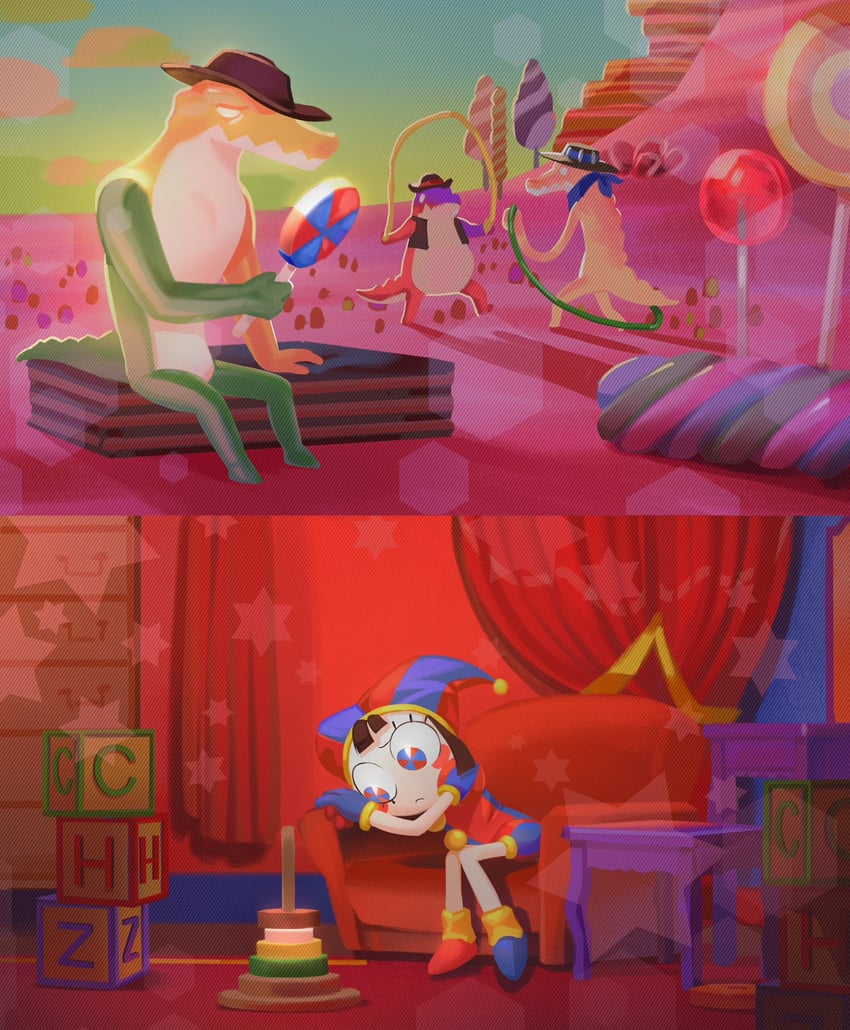 pomni, gummigoo, max, and chad (the amazing digital circus) drawn by toothpaste_dd