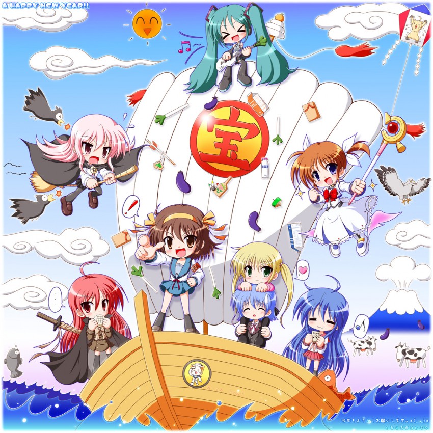 hatsune miku, suzumiya haruhi, takamachi nanoha, izumi konata, shana, and 6 more (vocaloid and 8 more) drawn by soutou
