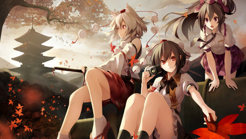 shameimaru aya, inubashiri momiji, and himekaidou hatate (touhou) drawn by maplesyrup_ena