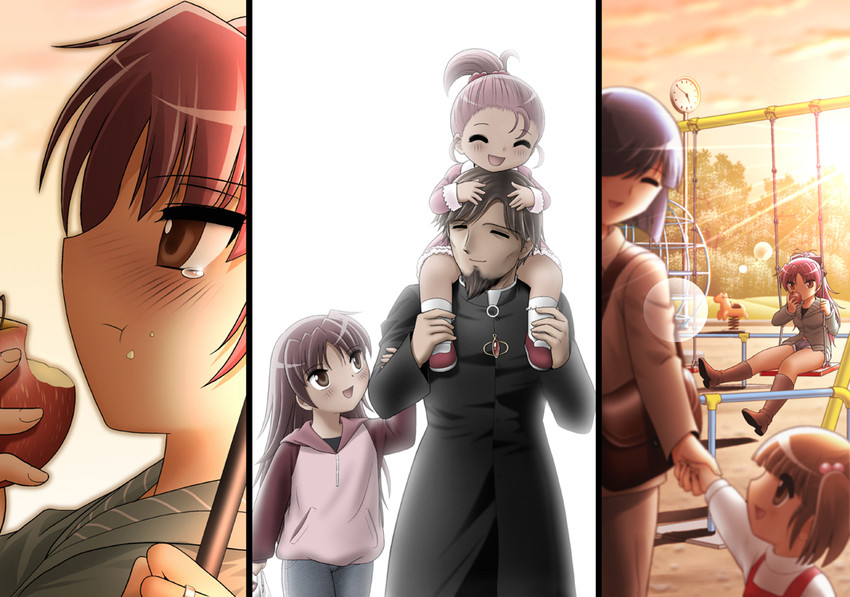sakura kyoko, sakura momo, and sakura kyoko's father (mahou shoujo madoka magica) drawn by shingyouji_tatsuya