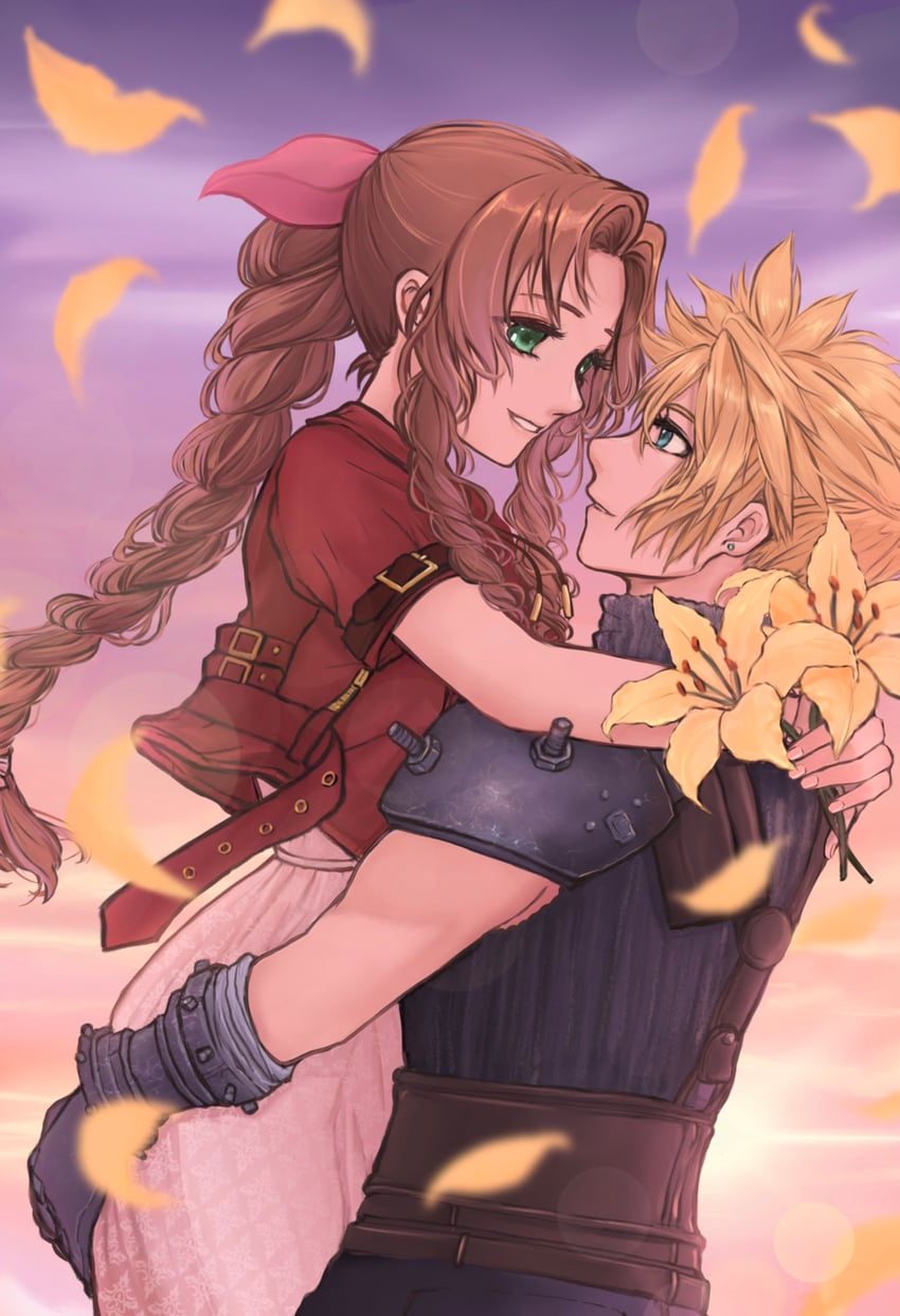 cloud strife and aerith gainsborough (final fantasy and 2 more) drawn by lenak