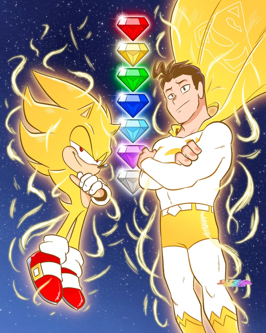 sonic the hedgehog, superman, clark kent, and super sonic (sonic and 4 more) drawn by brandon_santiago