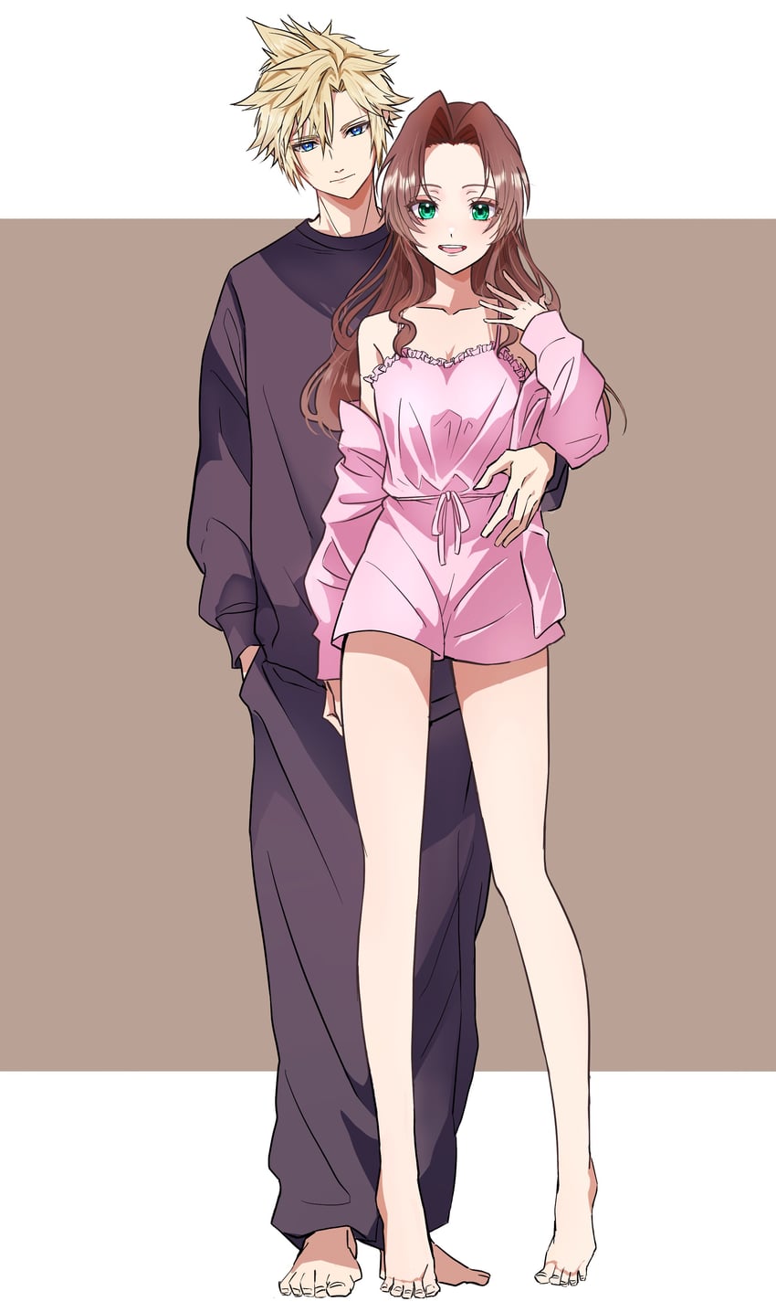 cloud strife and aerith gainsborough (final fantasy and 2 more) drawn by 26caaan