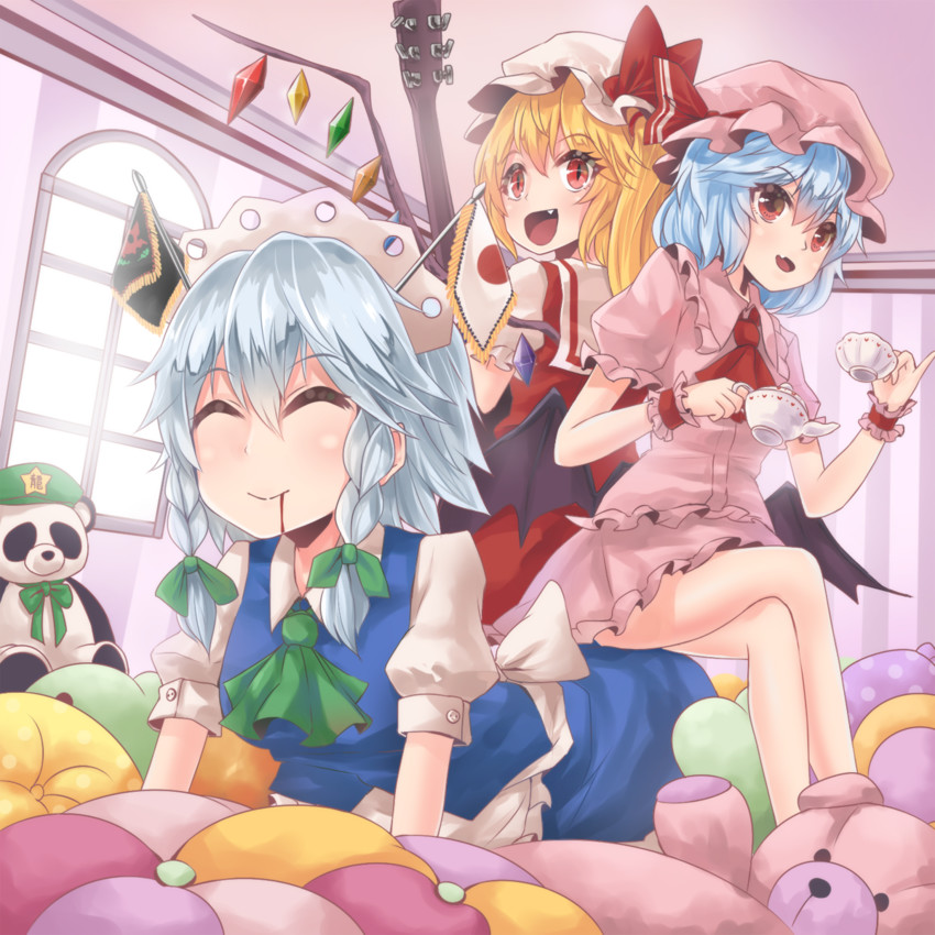 remilia scarlet, flandre scarlet, izayoi sakuya, and hong meiling (touhou) drawn by fuente