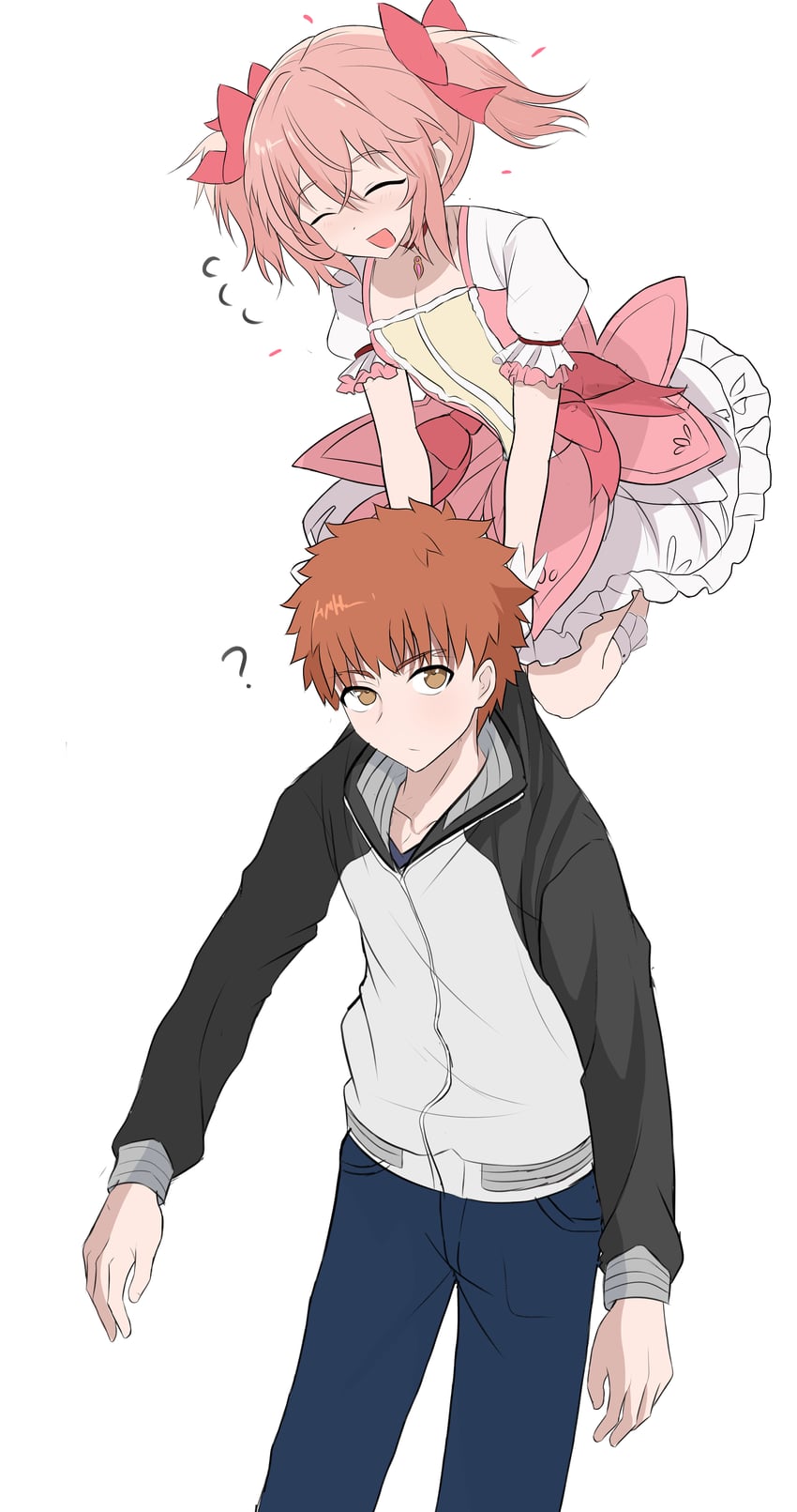 kaname madoka and emiya shirou (fate and 2 more) drawn by shokobr