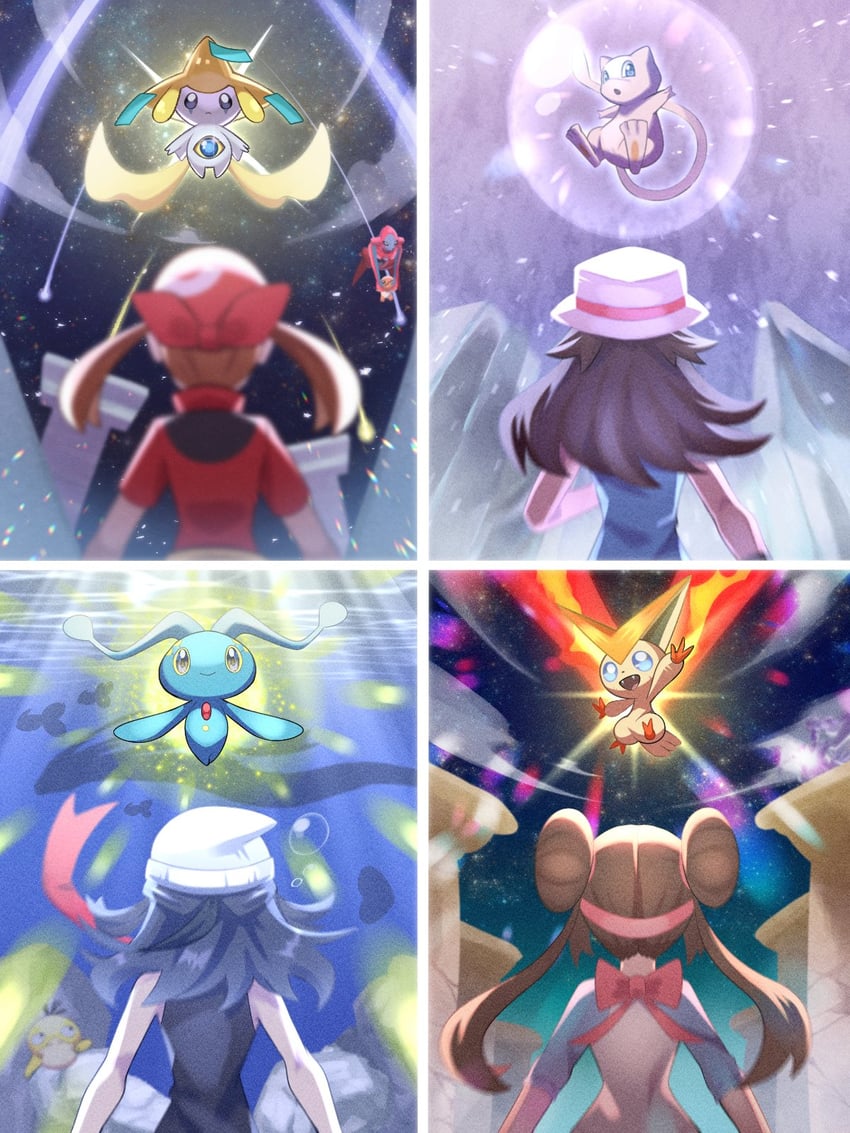 dawn, may, rosa, leaf, jirachi, and 8 more (pokemon and 4 more) drawn by inana_umi