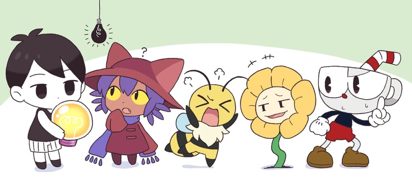 omori, flowey, niko, cuphead, and vi (omori and 4 more) drawn by koginokii