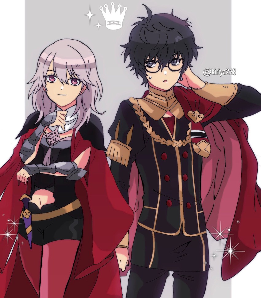 female byleth, edelgard von hresvelg, and amamiya ren (fire emblem and 4 more) drawn by kiriya_(552260)