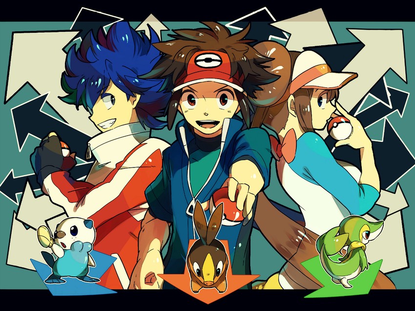 rosa, oshawott, snivy, tepig, nate, and 1 more (pokemon and 1 more) drawn by skyloop19
