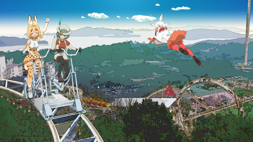 serval, kaban, and japanese crested ibis (kemono friends) drawn by washu_junkyu