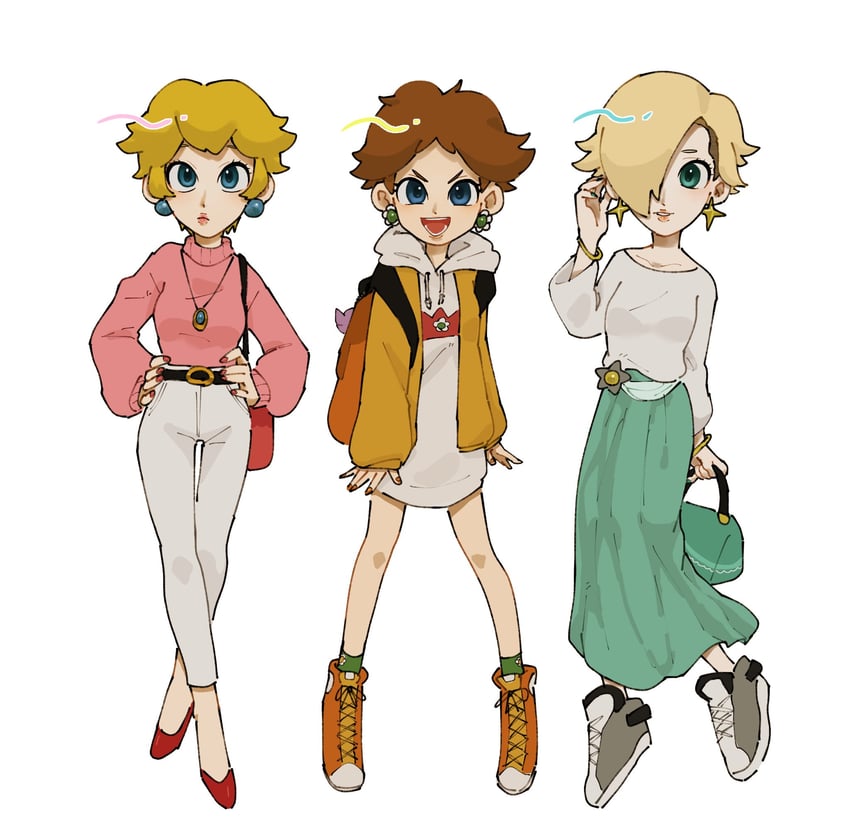 princess peach, rosalina, and princess daisy (mario) drawn by mimimi_(mimimim9999)