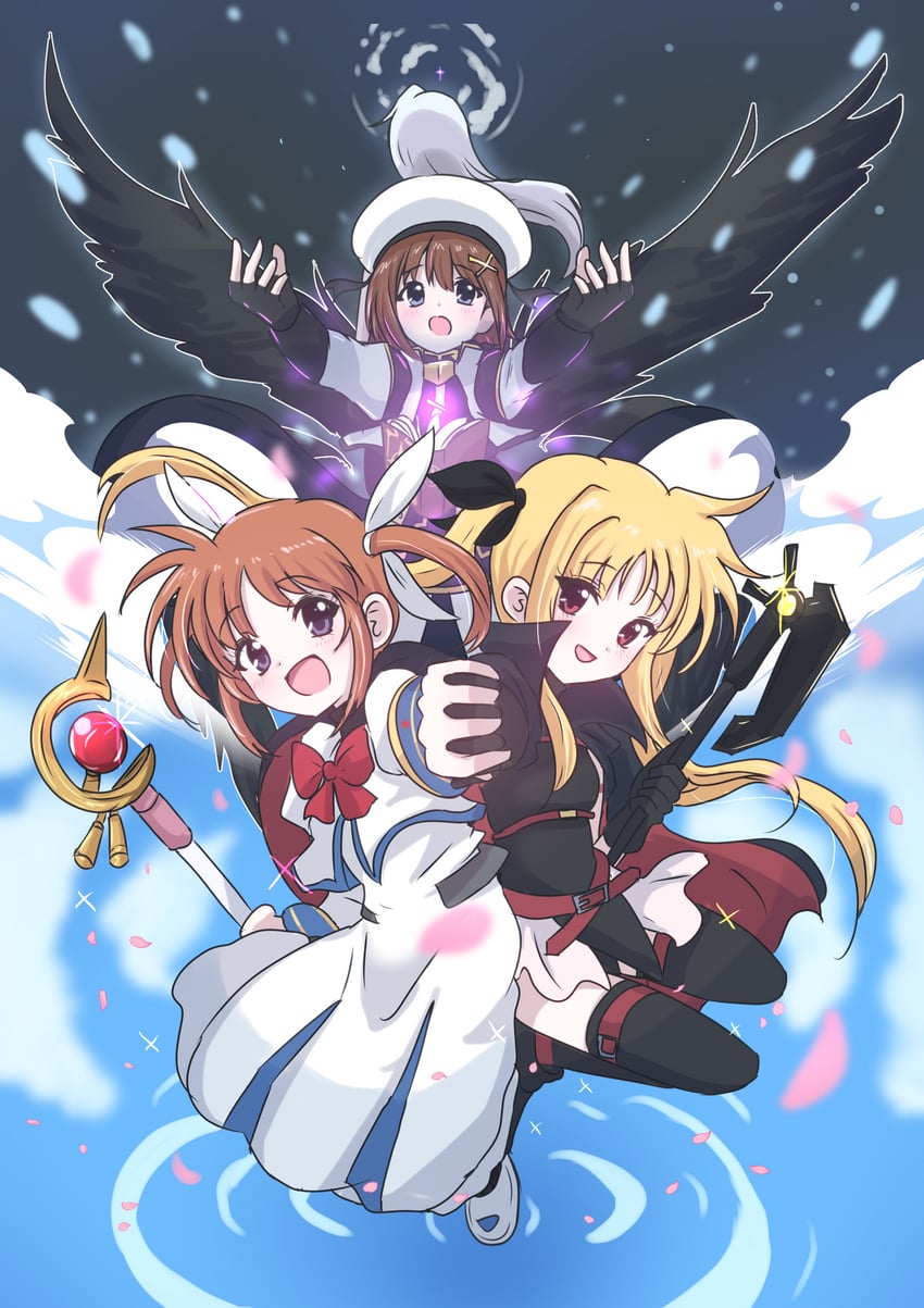 fate testarossa, takamachi nanoha, yagami hayate, raising heart, reinforce, and 2 more (lyrical nanoha and 2 more) drawn by giorgio_(yo_sumire_sola1)