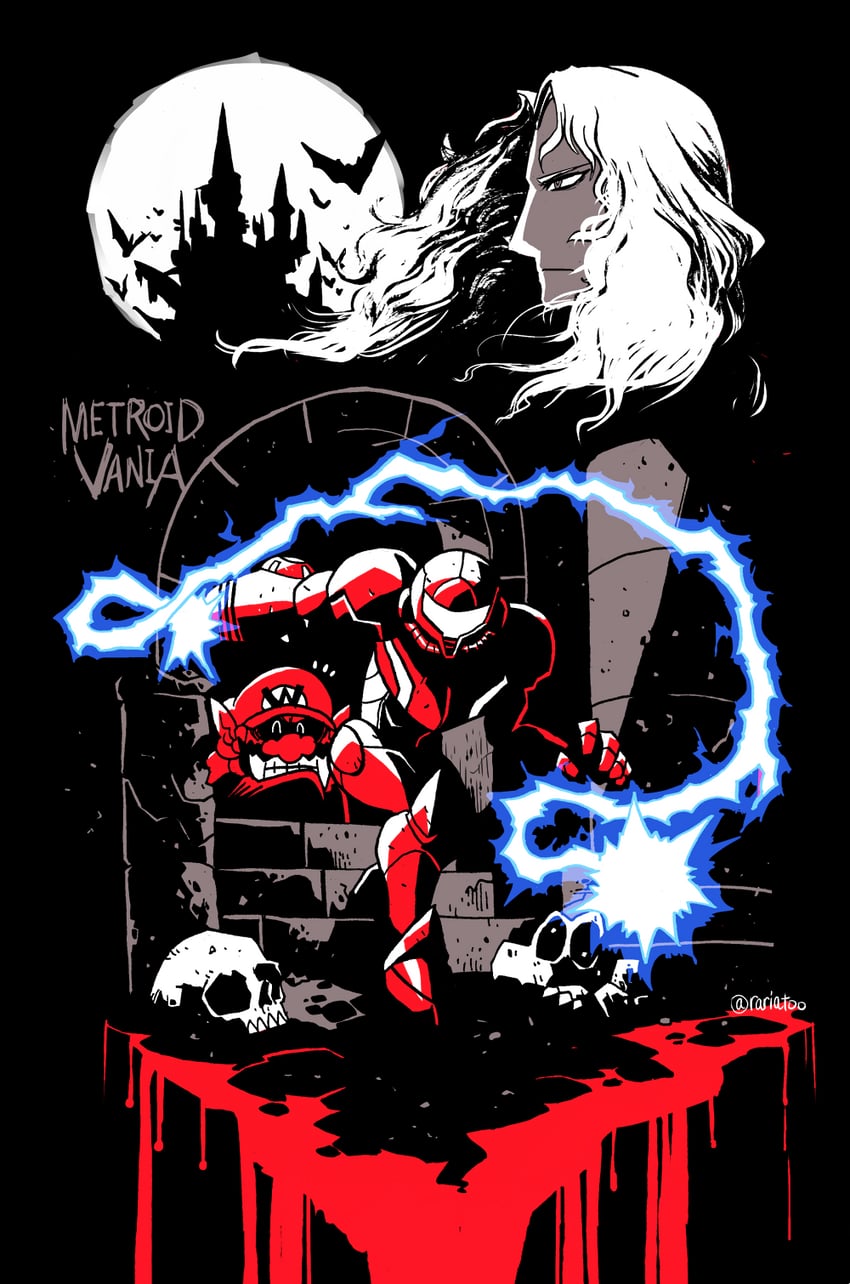 samus aran, wario, dracula, dry bones, and vampire wario (mario and 4 more) drawn by rariatto_(ganguri)