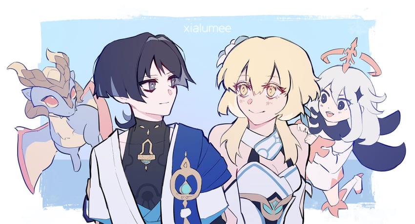lumine, scaramouche, wanderer, paimon, and mini durin (genshin impact) drawn by xialumee