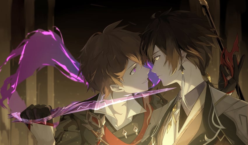 zhongli and tartaglia (genshin impact) drawn by bingzhen_h2o