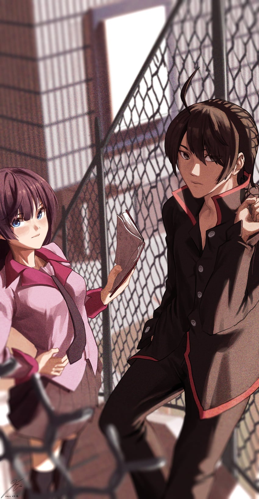 senjougahara hitagi and araragi koyomi (monogatari and 1 more) drawn by jihos_life