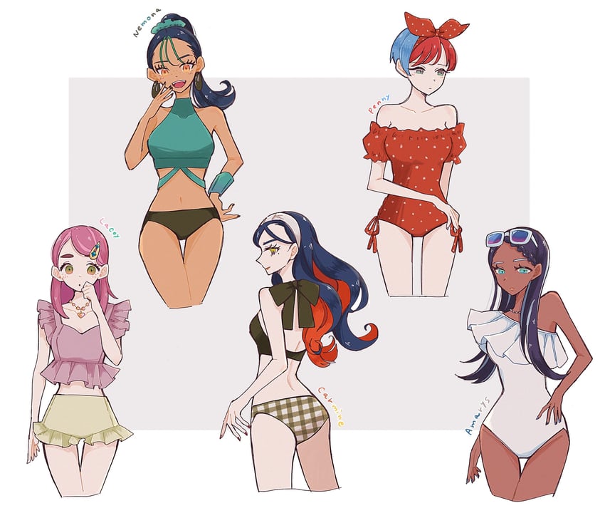 carmine, nemona, penny, lacey, and amarys (pokemon and 1 more) drawn by enekonoshippo27