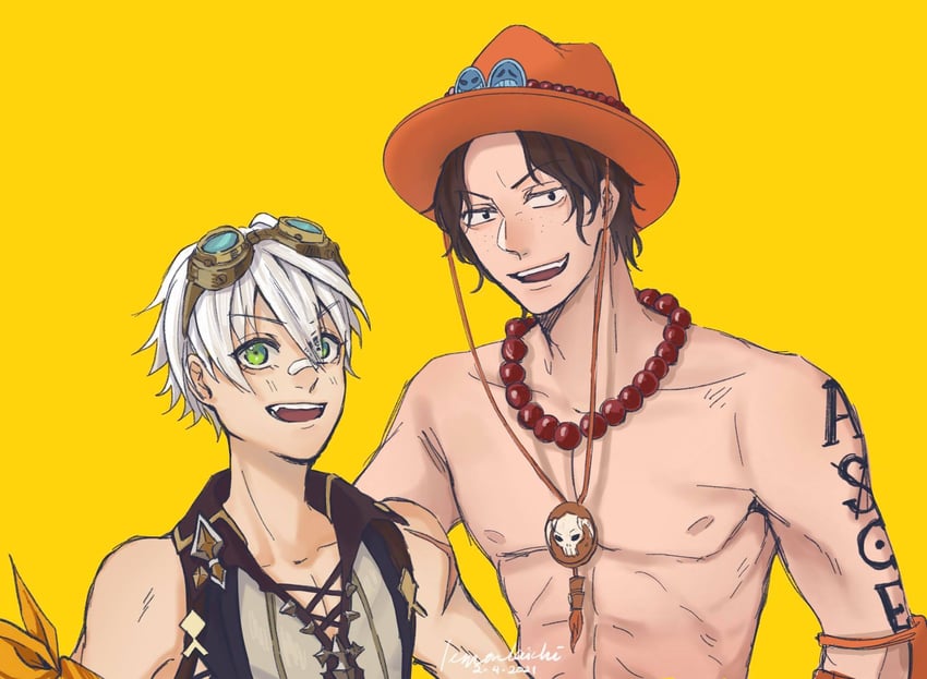 portgas d. ace and bennett (genshin impact and 1 more) drawn by lemonlaichi