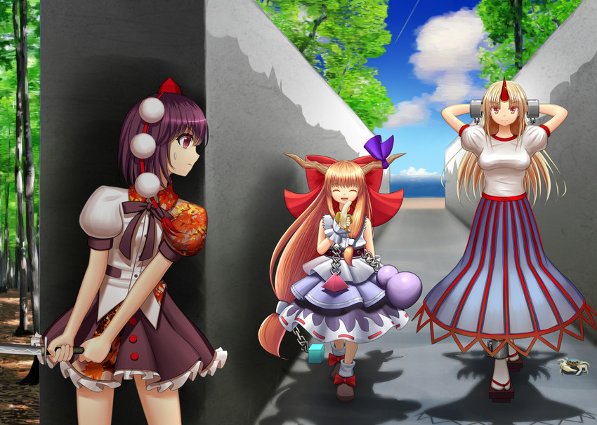shameimaru aya, ibuki suika, and hoshiguma yuugi (touhou) drawn by gin_fuaru