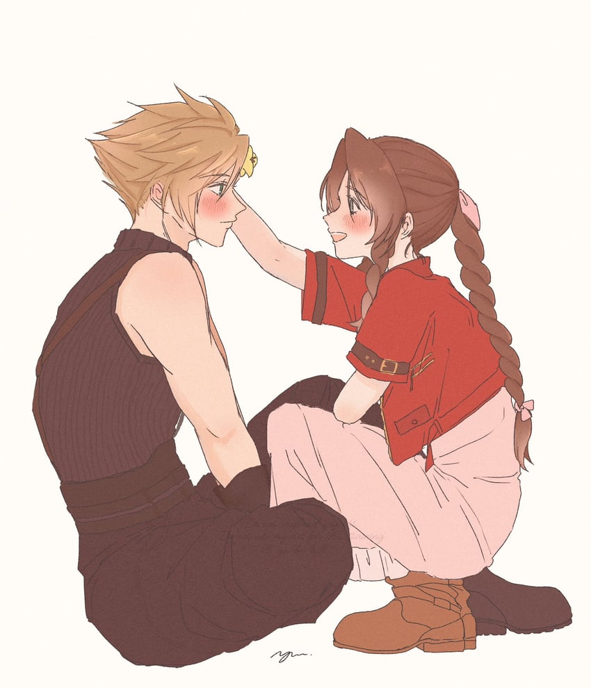 cloud strife and aerith gainsborough (final fantasy and 2 more) drawn by yu_ru_lull