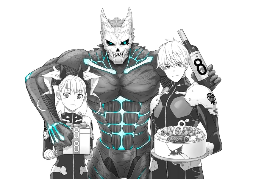 hibino kafka, shinomiya kikoru, and ichikawa reno (kaijuu no. 8) drawn by mikan_maru