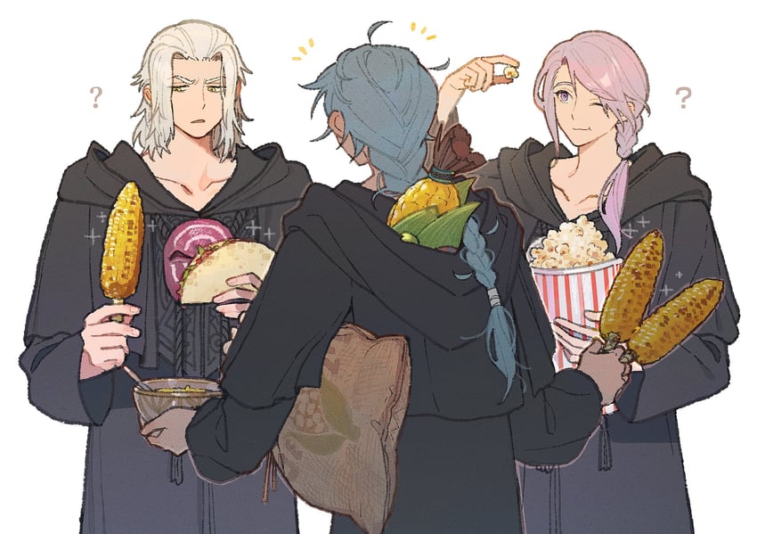 warrior of light, emet-selch, hythlodaeus, azem, and the cornservant (final fantasy and 1 more) drawn by doranatsu_(plant_ffxiv)