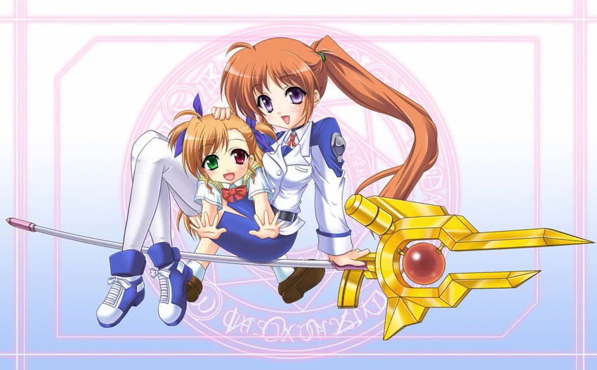 takamachi nanoha, raising heart, and vivio (lyrical nanoha and 1 more) drawn by murasaki_atsushi