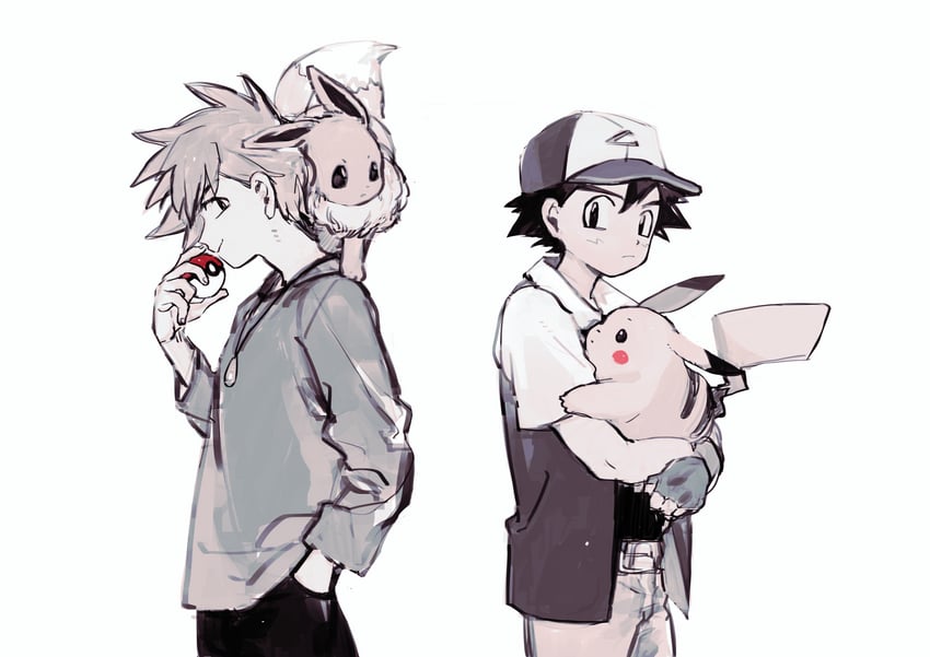pikachu, ash ketchum, eevee, and gary oak (pokemon) drawn by komejirushi_com