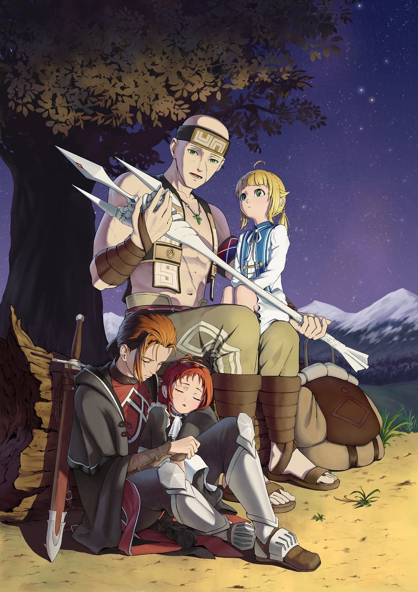 norn greyrat, aisha greyrat, ruijerd superdia, and ginger york (mushoku tensei) drawn by aqwariate