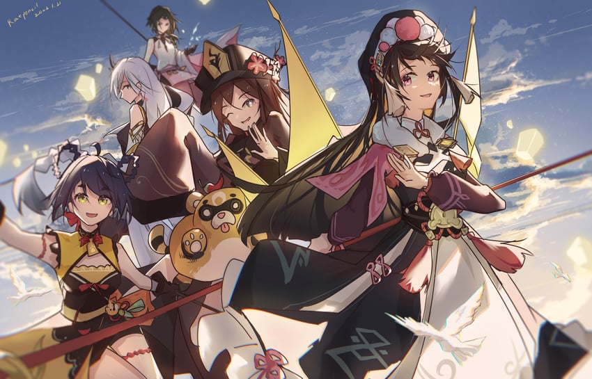 hu tao, zhongli, shenhe, xiao, guoba, and 1 more (genshin impact) drawn by laoshu_pai_qianbi
