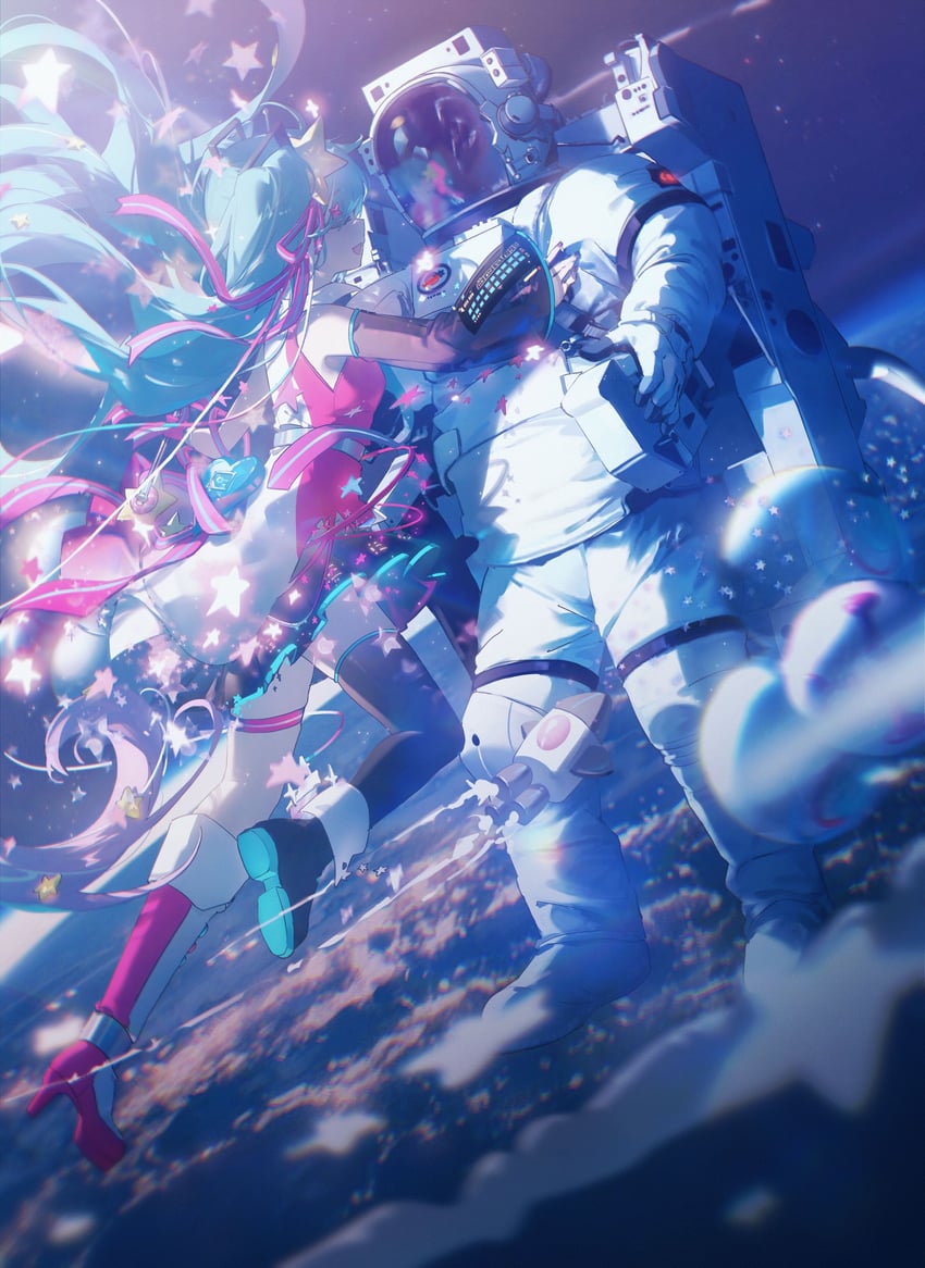 hatsune miku and magical mirai miku (vocaloid and 2 more) drawn by konya_karasue
