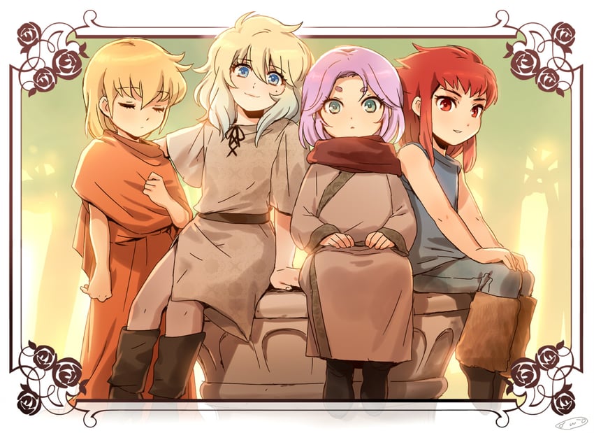 pisces aphrodite, aries muu, aquarius camus, and virgo shaka (saint seiya) drawn by mizuhara_aki