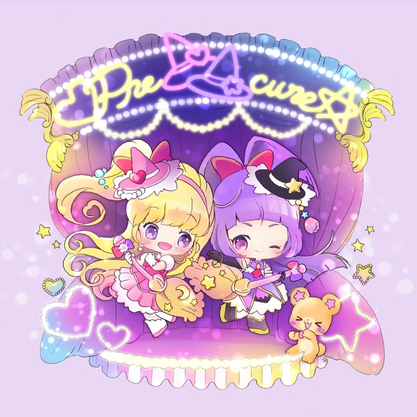 asahina mirai, izayoi liko, cure miracle, cure magical, and mofurun (precure and 1 more) drawn by namiki_tsuyuri