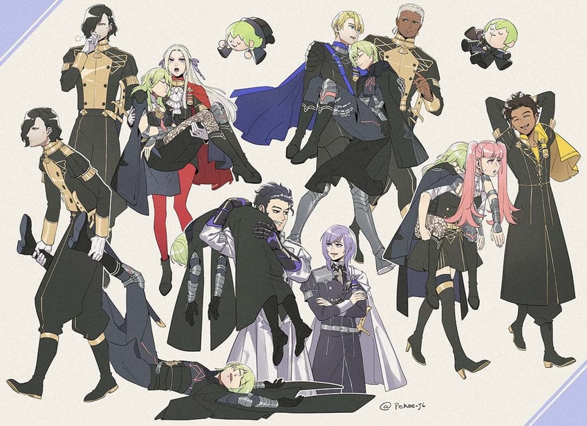 female byleth, edelgard von hresvelg, dimitri alexandre blaiddyd, hilda valentine goneril, male byleth, and 5 more (fire emblem and 1 more) drawn by pekoe-ji