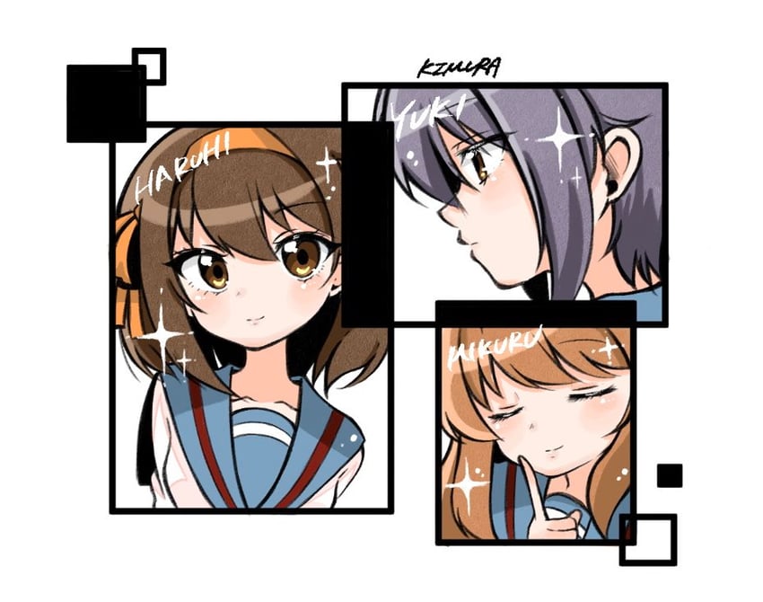 suzumiya haruhi, nagato yuki, and asahina mikuru (suzumiya haruhi no yuuutsu) drawn by kimume042616