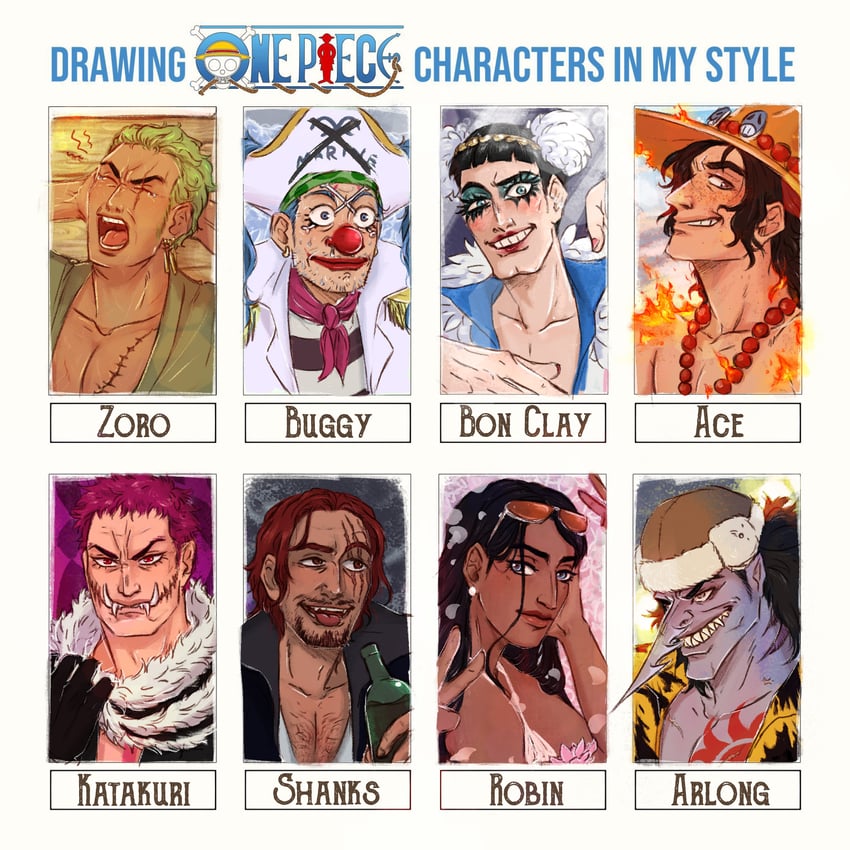 nico robin, roronoa zoro, portgas d. ace, shanks, buggy the clown, and 3 more (one piece) drawn by stupidjaguar