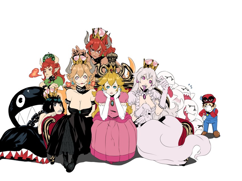 princess peach, mario, bowsette, princess king boo, boo, and 4 more (mario and 3 more) drawn by poppyhecate