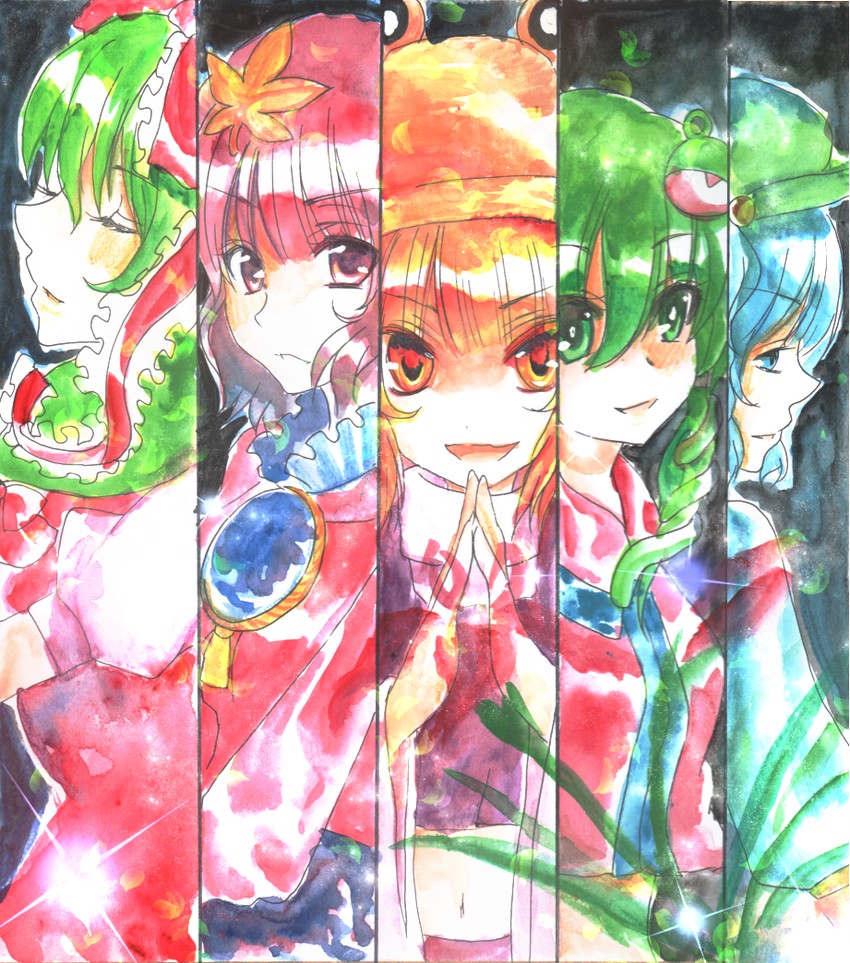 kochiya sanae, moriya suwako, kawashiro nitori, yasaka kanako, and kagiyama hina (touhou and 1 more) drawn by kurekore
