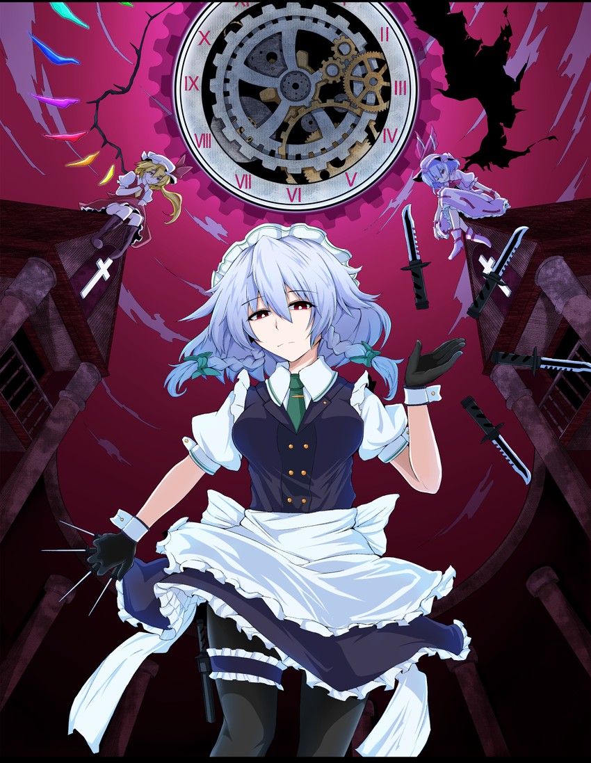 remilia scarlet, flandre scarlet, and izayoi sakuya (touhou) drawn by rihito_(usazukin)