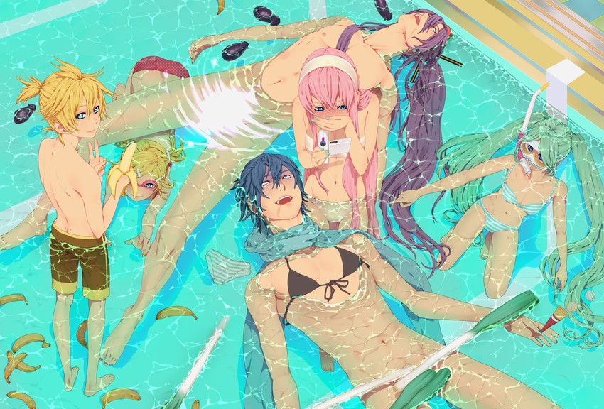 hatsune miku, kagamine rin, kagamine len, megurine luka, kaito, and 1 more (vocaloid) drawn by nayu